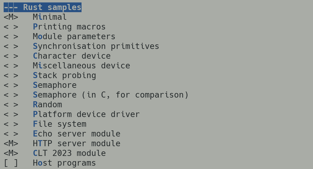 Kernel hacking -> Sample kernel code -> Rust samples